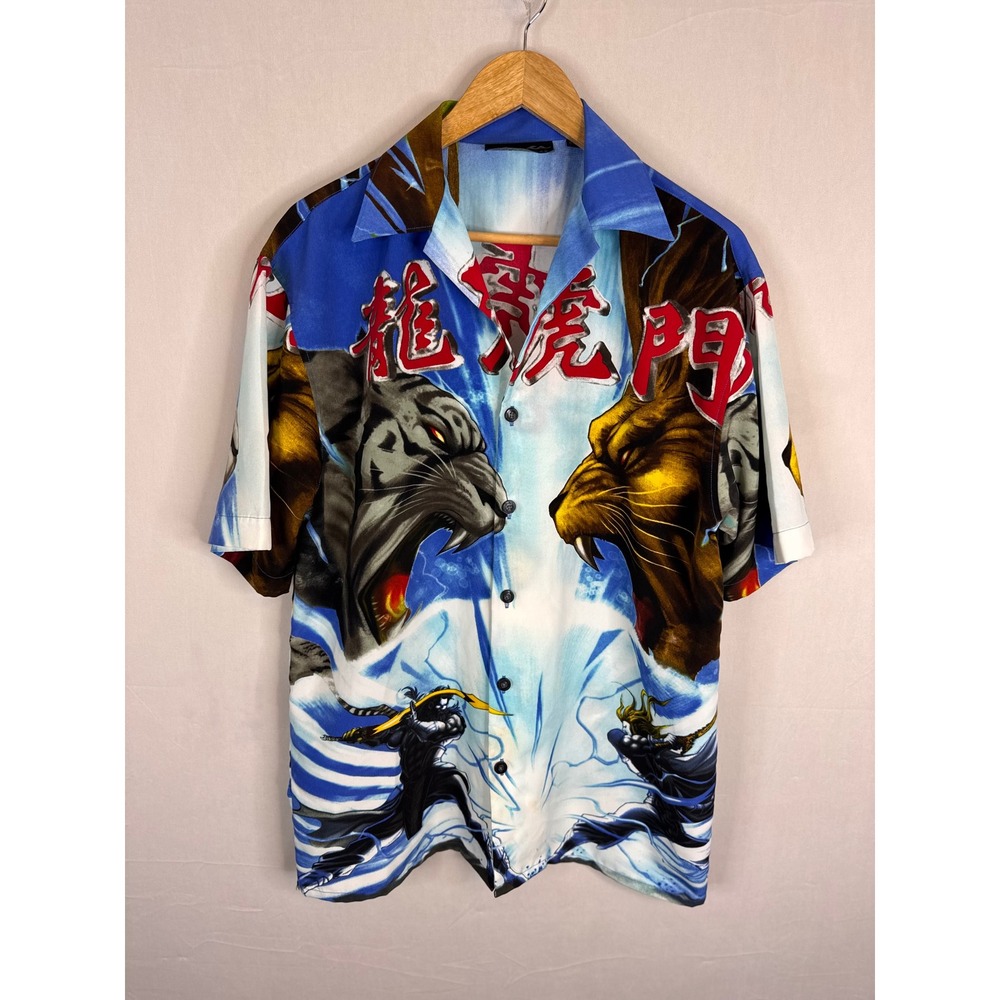 VTG Mecca Clothing Company Mens Dragon Tiger Gate Graphic Button Up Shirt Blue S